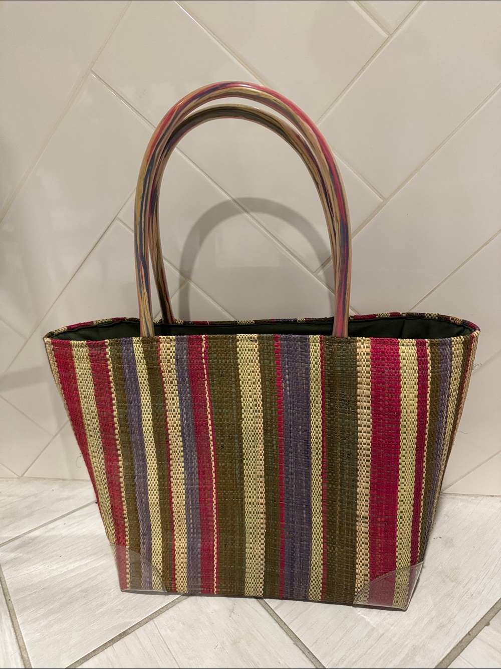 Handwoven Striped Market Tote Bag Pink Purple Green Boho Beach Shopper